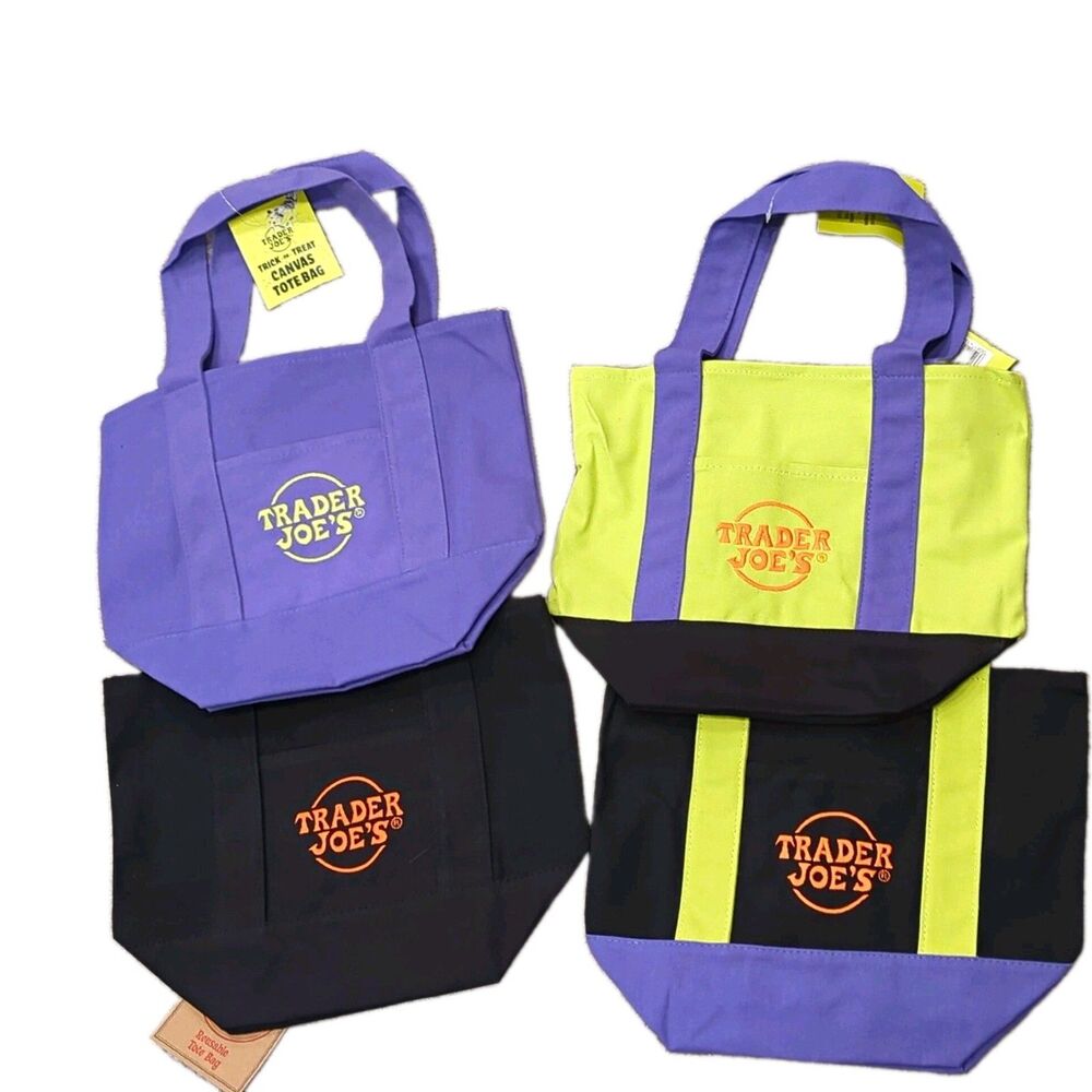 NEW Trader Joe's Trick or Treat Canvas Tote Bags Colorblock Multicolor Set of 4